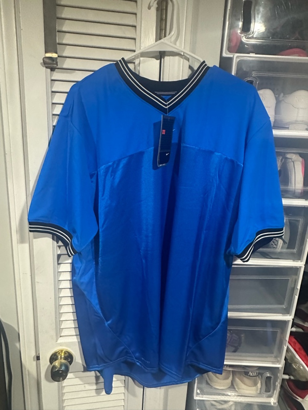 Brand New! Nike XL Men's V-Neck Dri Fit Athletic Jersey - Blue with Black Trim